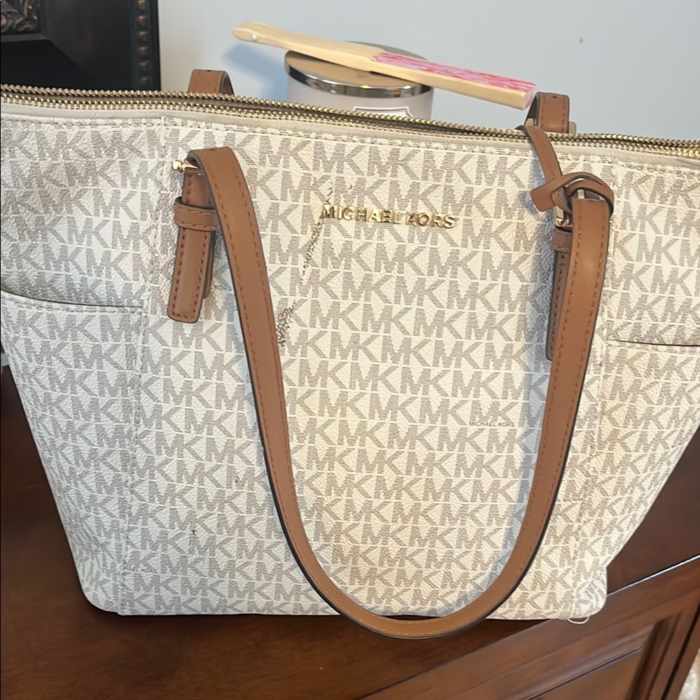 Michael Kors White and Tan Signature Tote Bag